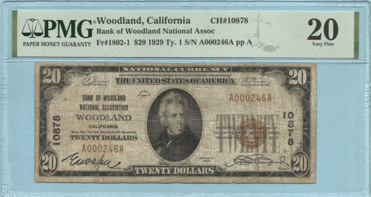 $20 National Currency 1929-T1 - Ch#10878 - Bank of Woodland NA,Woodland, CA - PMG 20