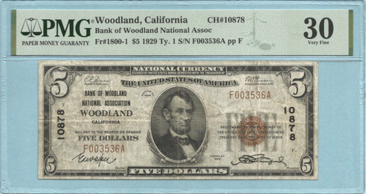 $5 National Currency 1929-T1 - Ch#10878 - Bank of Woodland NA, Woodland, CA - PMG 30