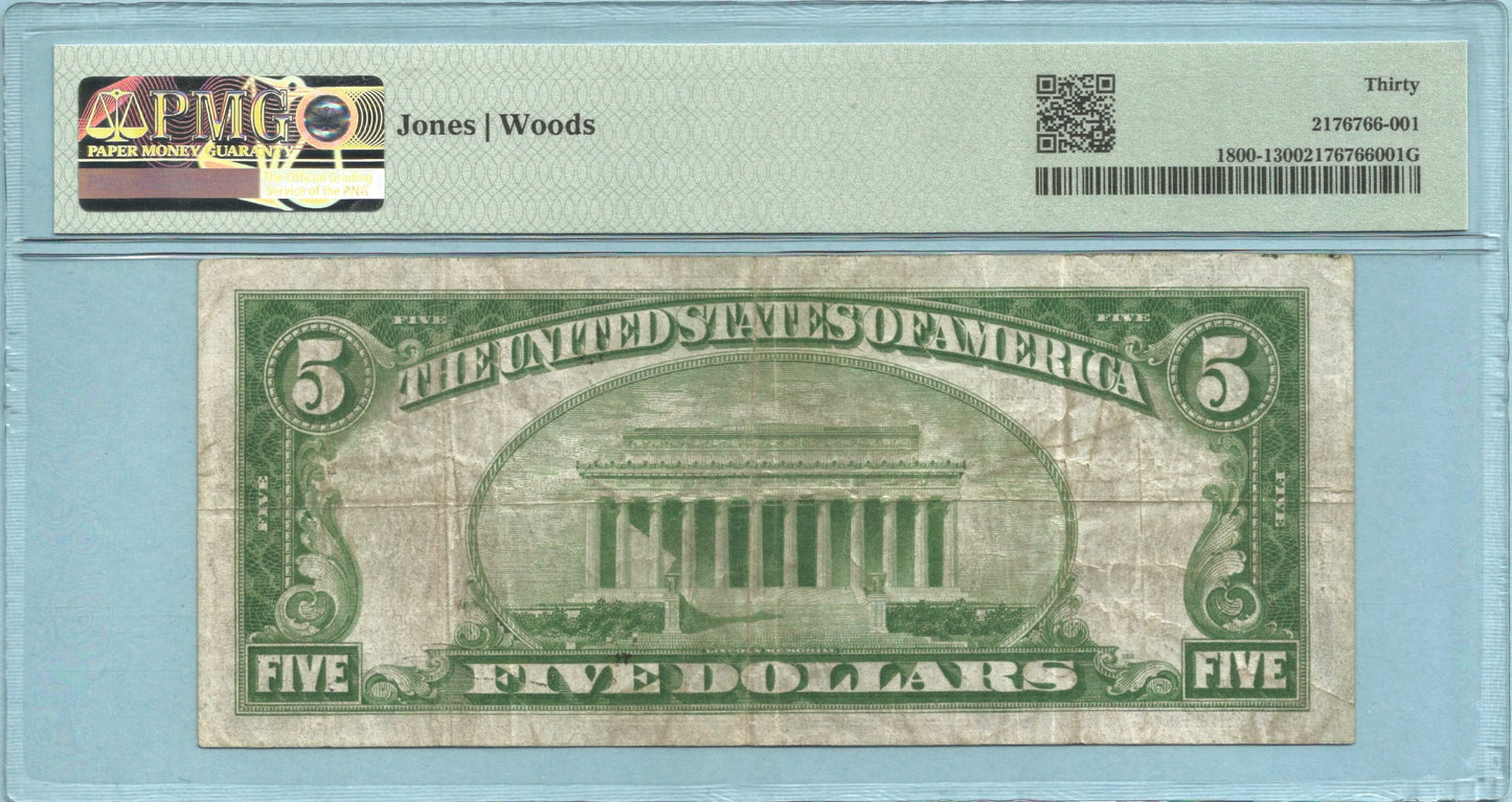$5 National Currency 1929-T1 - Ch#10878 - Bank of Woodland NA, Woodland, CA - PMG 30