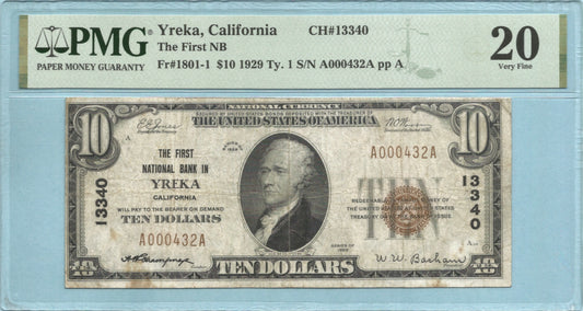 $10 National Currency 1929-T1 - Ch#13340 - 1st NB, Yreka, CA - PMG 20