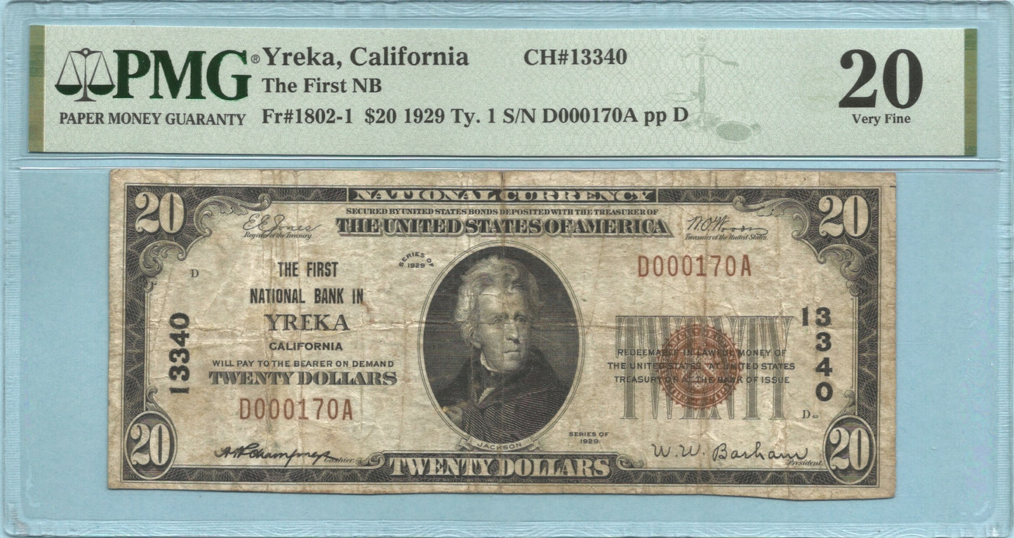 $20 National Currency 1929-T1 - Ch#13340 - 1st NB, Yreka, CA - PMG 20