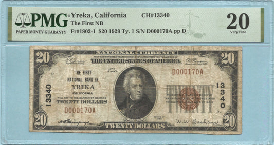 $20 National Currency 1929-T1 - Ch#13340 - 1st NB, Yreka, CA - PMG 20