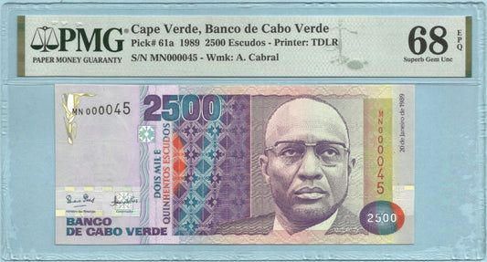 Cape Verde 2500 Escudos - 1989 - P#61a - PMG 68 EPQ SERIAL# MN000045