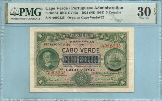 Cape Verde 5 Escudos 1.1.1921 - P#33 - PMG 30 EPQ