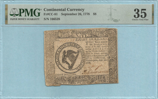 $8 Continental Currency - 9.26.1778 - Fr#CC-81 - PMG 35