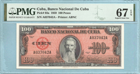 Cuba 100 Pesos - 1959 - P#93a - PMG 67 EPQ