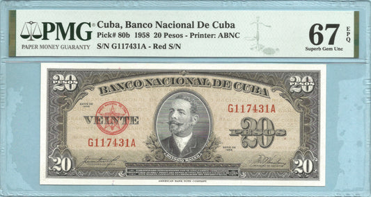Cuba 20 Pesos - 1958 - P#80b - PMG 67 EPQ