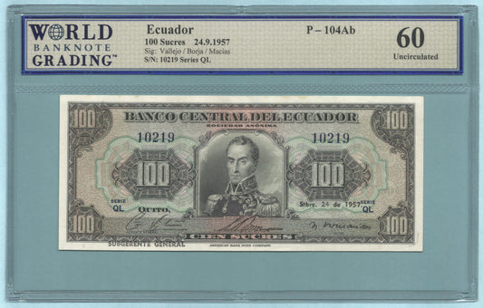 Ecuador 100 Sucres - 24.9.1957 - P#104Ab - WBG 60