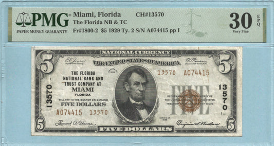 $5 National Currency 1929-T2 - Ch#13570 - Florida NB&TC, Miami, FL - PMG 30 EPQ