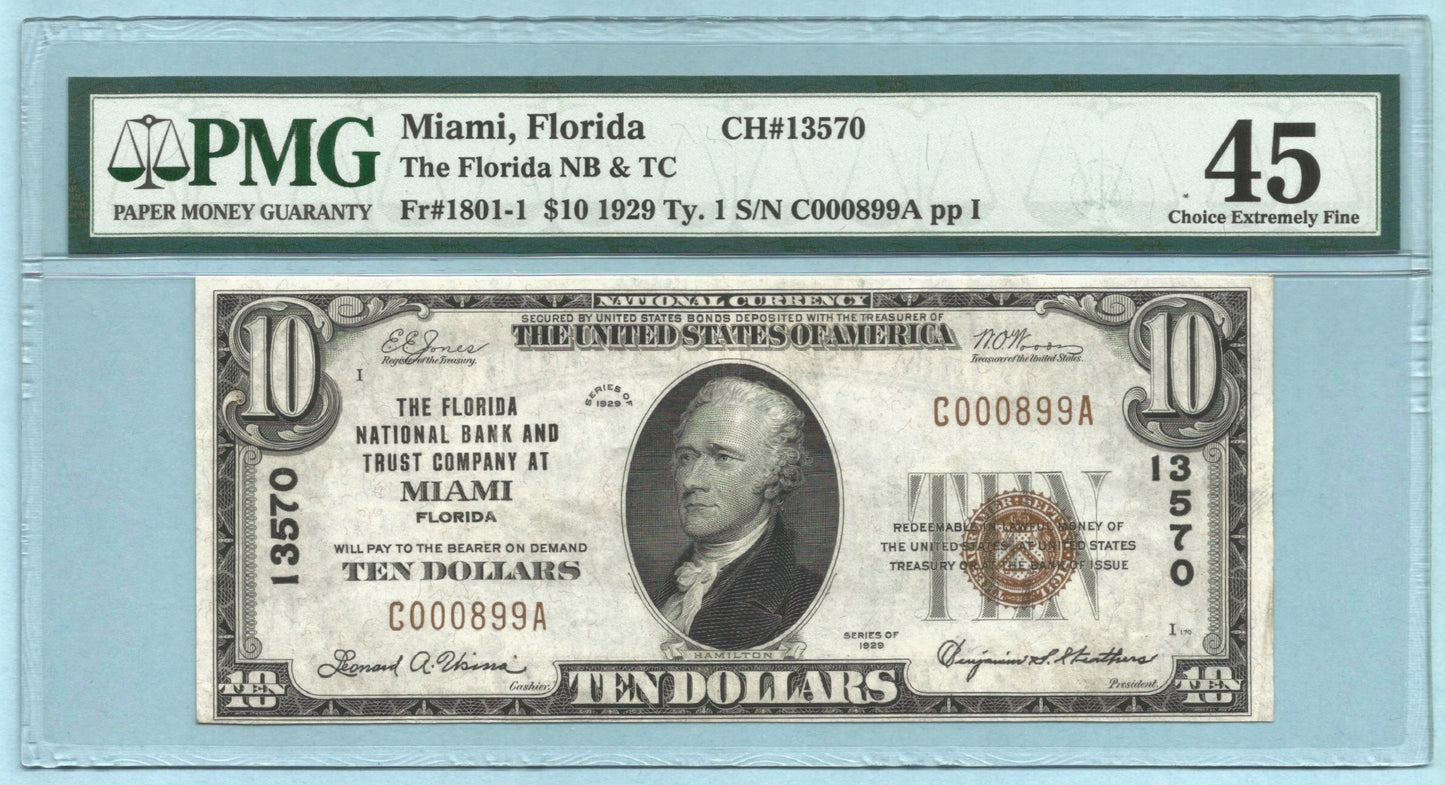 $10 National Currency 1929 T1 - Ch#13570 - Florida NB&TC, Miami, FL - PMG 45