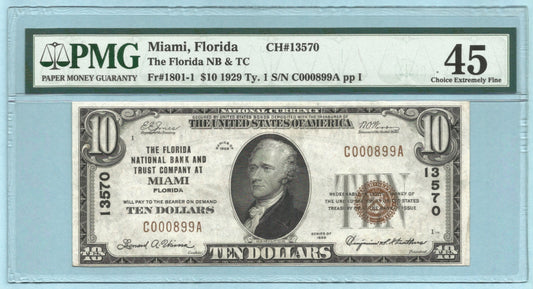 $10 National Currency 1929 T1 - Ch#13570 - Florida NB&TC, Miami, FL - PMG 45