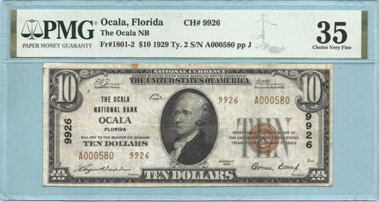 $10 National Currency 1929-T2 - Ch#9926 - Ocala NB, Ocala, FL - PMG 35