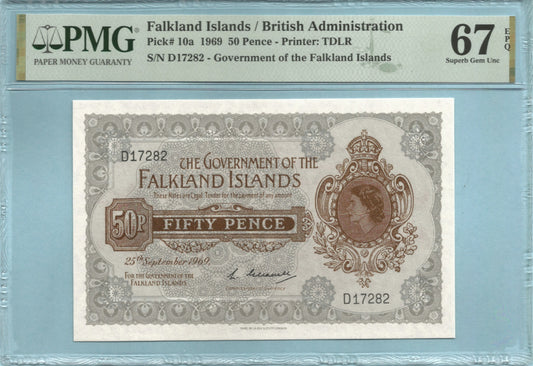 Falkland Islands 50 Pence - 25.9.1969 - P#10a - Banknote - PMG 67 EPQ