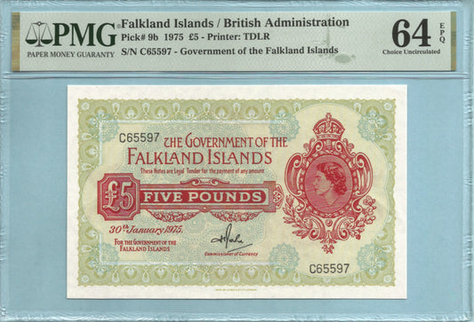 Falkland Islands 5 Pounds - 30.1.1975 - P#9b - Banknote - PMG 64 EPQ