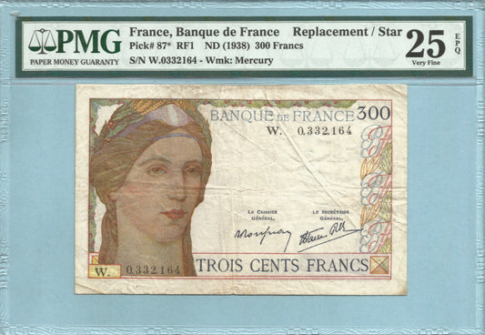 France 300 Francs ND(1938) - P#87* - REPLACEMENT NOTE - Prefix W - PMG 25 EPQ