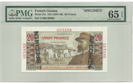French Guiana 20 Francs ND(1947-49) - P#21s - SPECIMEN - PMG 65 EPQ