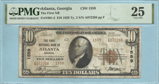 $10 National Currency 1929-T2 - Ch#1559 - 1st NB, Atlanta, GA - PMG 25