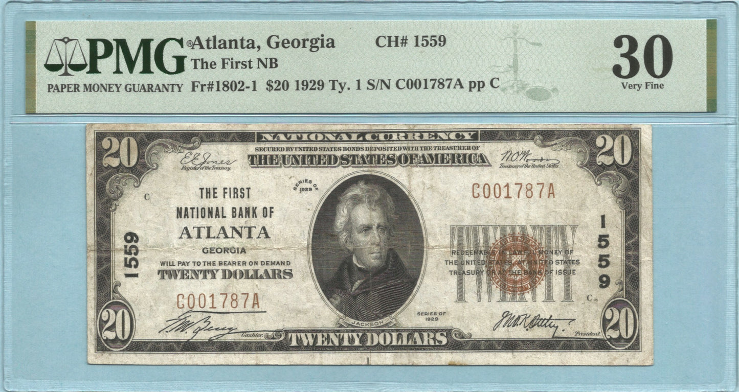 $20 National Currency 1929-T1 - Ch#1559 - 1st NB, Atlanta, GA - PMG 30