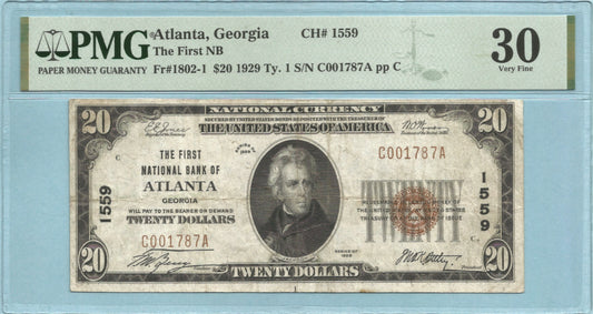 $20 National Currency 1929-T1 - Ch#1559 - 1st NB, Atlanta, GA - PMG 30