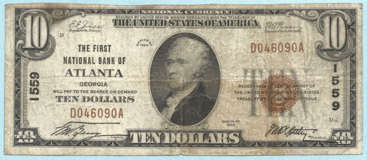 $10 National Currency 1929-T1 - Ch#1559 - 1st NB, Atlanta, GA - VF+