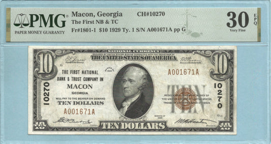 $10 National Currency 1929-T1 - Ch#10270 - 1st NB&TC, Macon, GA - PMG 30 EPQ