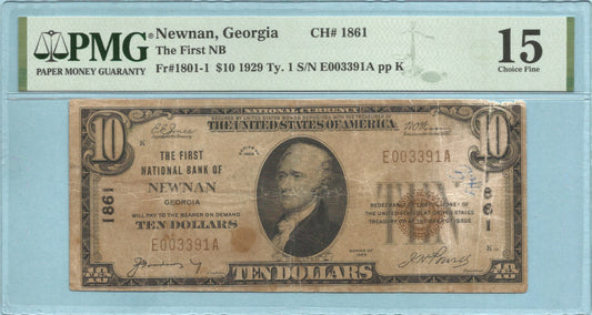 $10 National Currency 1929-T1 - Ch#1861 - 1st NB, Newman, GA - PMG 15