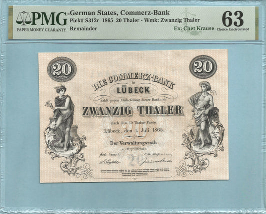 Germany Commerz Bank 20 Thaler Remainder - 1.7.1865 - P#S312r - PMG 63 - Tear