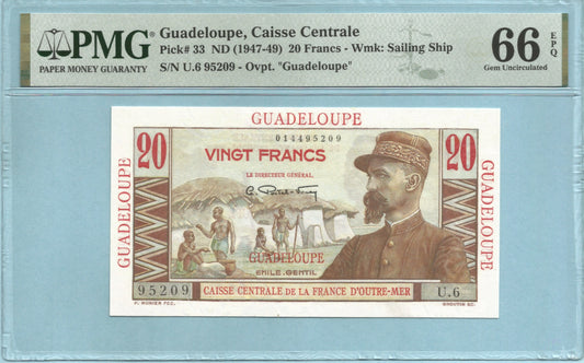 Guadeloupe 20 Francs ND(1947-49) - P#33 - PMG 66 EPQ