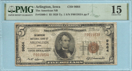 $5 National Currency 1929-T1 - Ch#9664 - American NB, Arlington, IA - PMG 15