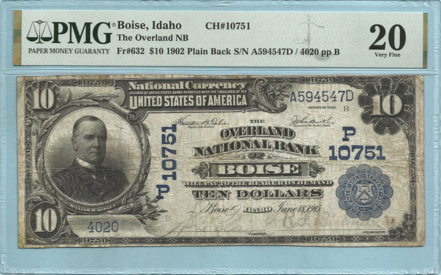 $10 National Currency 1902-PB Ch#10751 - Overland NB, Boise, ID - PMG 20