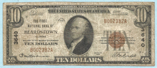 $10 National Currency 1929-T1 - Ch#3640 - 1st National Bank, Beardstown, IL - VF