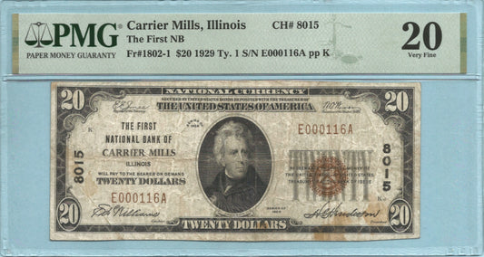 $20  National Currency 1929-T1 Ch#8015 - 1st NB, Carrier Mills, IL - PMG 20