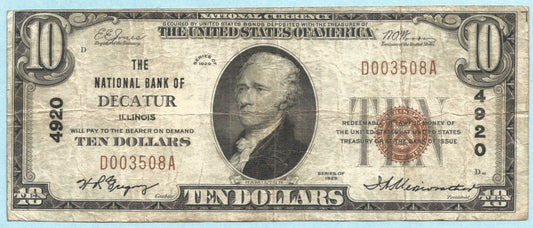 $10 National Currency 1929-T1 - Ch#4920 - National Bank, Decatur, IL - VF+