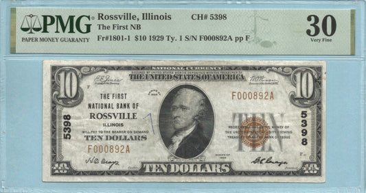 $10 National Currency 1929-T1 Ch#5398 1st NB, Rossville, IL PMG 30