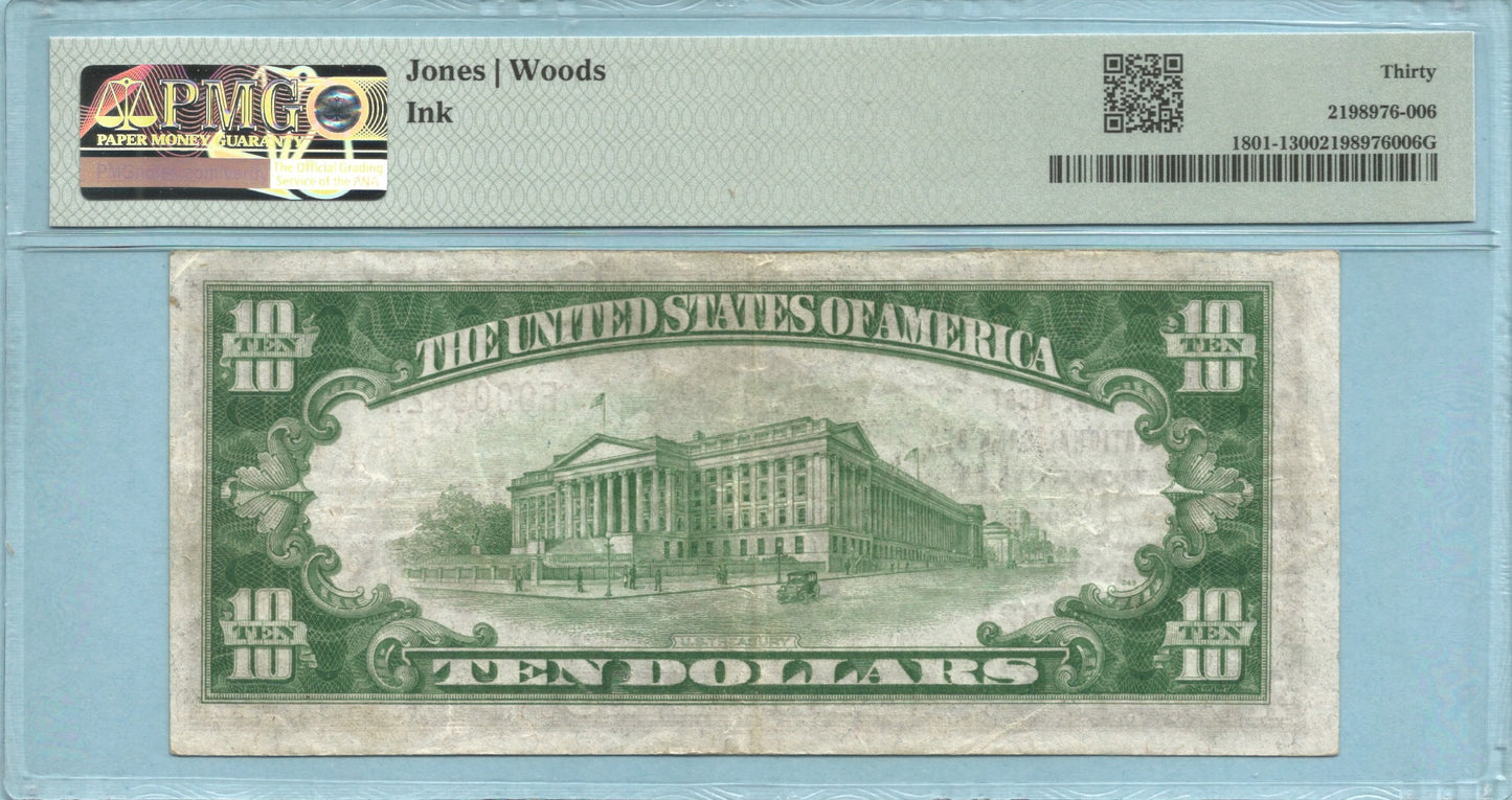 $10 National Currency 1929-T1 Ch#5398 1st NB, Rossville, IL PMG 30