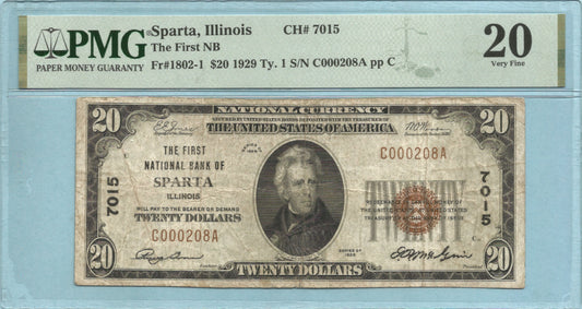$20 National Currency 1929-T1 Ch#7015 - 1st NB, Sparta, IL - PMG 20