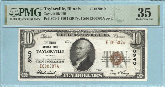 $10 National Currency 1929-T1 - Ch#8940 - Taylorville NB, Taylorville, IL - PMG 35