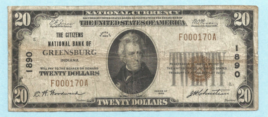 $20 National Currency 1929 - Type 1 - Ch#1890 - Citizens NB, Greensburg, IN - VF