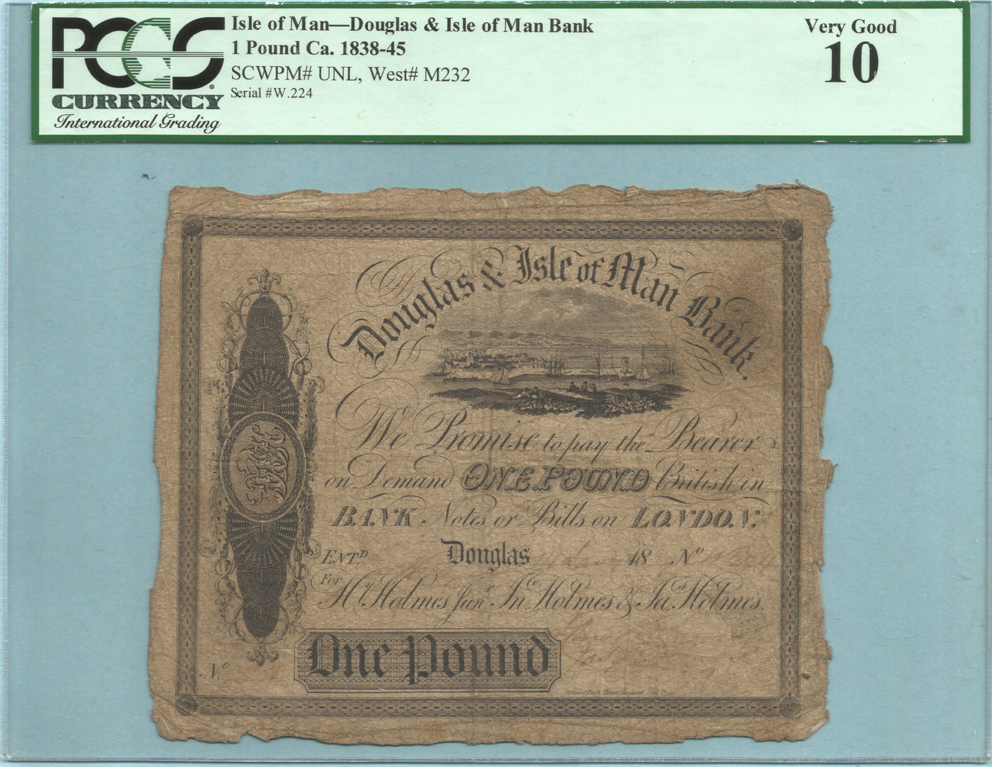 Isle of Man - Douglas & Isle of Man Bank Pound 1838-45 - P#S131 - PCGS 10