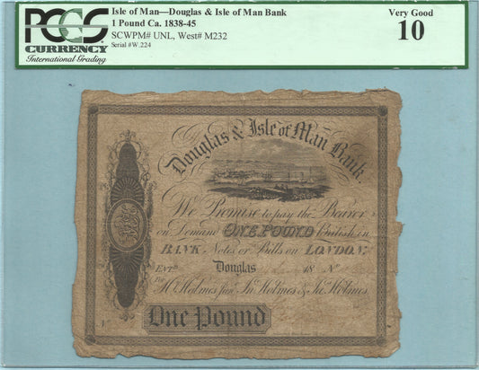 Isle of Man - Douglas & Isle of Man Bank Pound 1838-45 - P#S131 - PCGS 10
