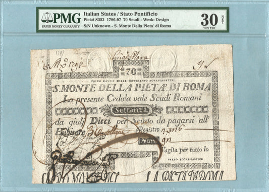 Italy - Stato Pontificio 70 Scudi - 1786-97 - P#S352 - PMG 30 NET - Previously Mounted, Ink Burn