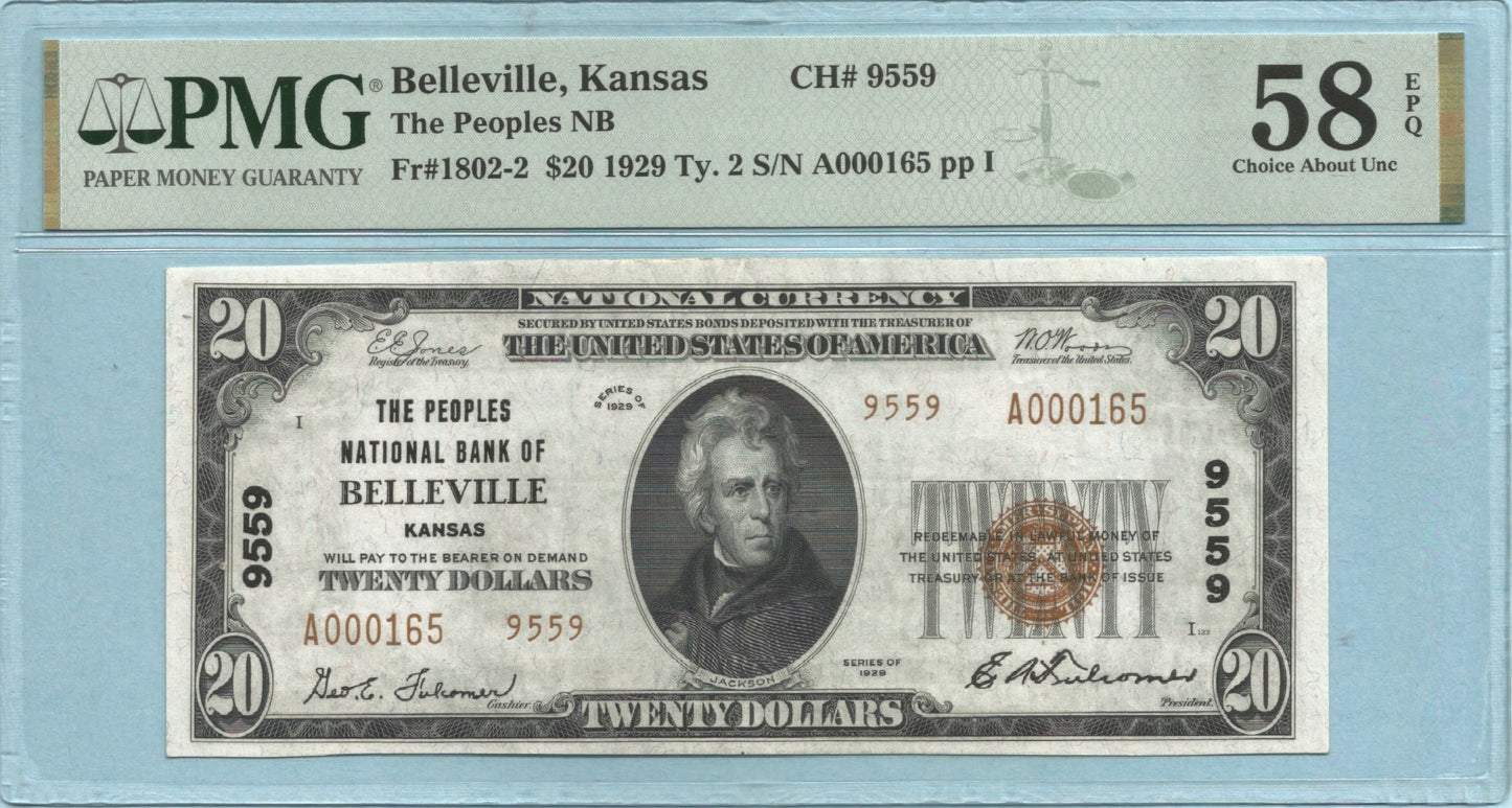 $20 National Currency 1929-T2 - Ch#9559 - Peoples NB, Belleville, KS - PMG 58 EPQ