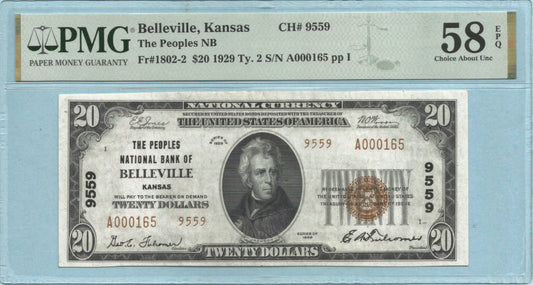 $20 National Currency 1929-T2 - Ch#9559 - Peoples NB, Belleville, KS - PMG 58 EPQ