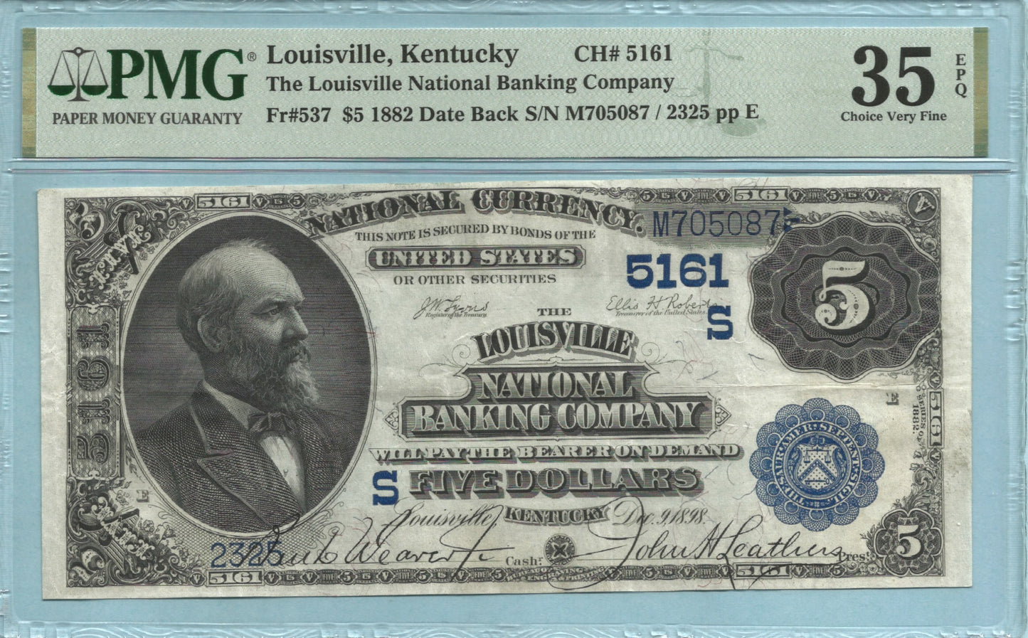 $5 National Currency 1882-DB Ch#5161 - Louisville Nat. Banking Co, Louisville, KY - PMG 35 EPQ