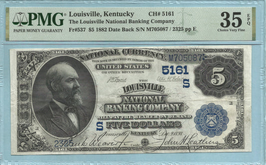 $5 National Currency 1882-DB Ch#5161 - Louisville Nat. Banking Co, Louisville, KY - PMG 35 EPQ