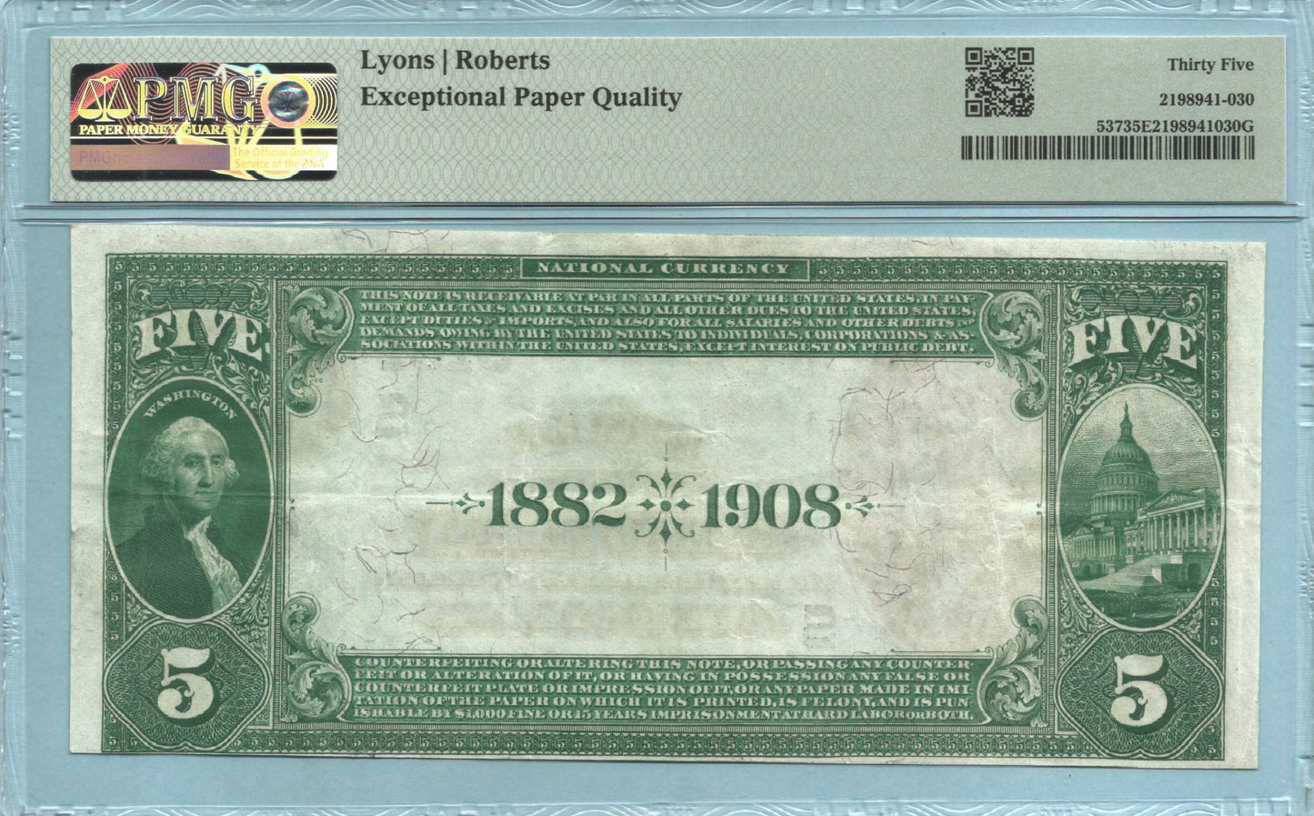 $5 National Currency 1882-DB Ch#5161 - Louisville Nat. Banking Co, Louisville, KY - PMG 35 EPQ