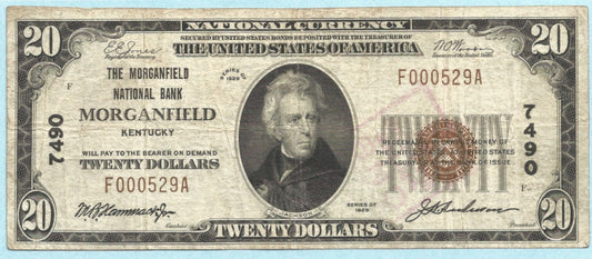 $20 National Currency 1929 T1 Ch#7490 Morganfield NB, Morganfield, KY - VF+