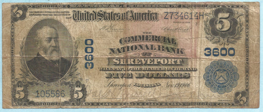 $5 National Currency - 1902-PB - Ch#3600 - Commercial NB, Shreveport, LA - Fine