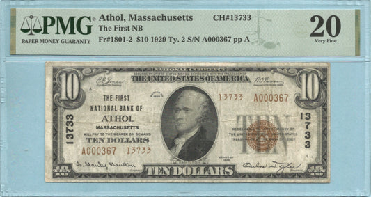 $10 National Currency 1929-T2 - Ch#13733 - 1st NB, Athol, MA - PMG 20