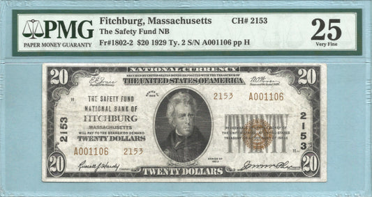 $20 National Currency 1929-T2 - Ch#2153 - Safety Fund NB, Fitchburg, MA - PMG 25